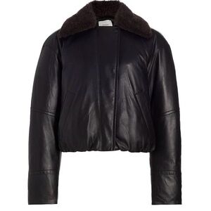 Vince Women's Black Leather Shearling Bomber Jacket XS MINT
